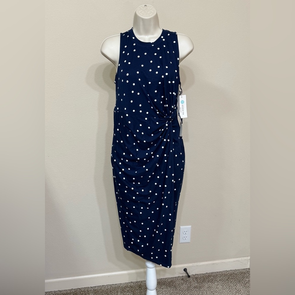 Nine Britton Women’s Navy Blue Polka Dot Sleeveless Round Neck Midi Dress MP